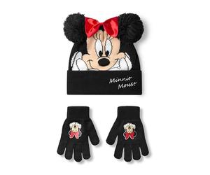 Disney Ensemble Bonnet et Gants Minnie Mouse pour Filles | Chapeau d’Hiver tricoté Noir avec Pompons et Arc Rouge | Chapeau et Taille Unique pour Enfants avec Visage de Personnage de Minnie Mouse