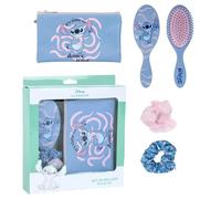 Disney Ensemble d'accessoires de beauté pour cheveux Stitch pour filles - Brosse à cheveux + Trousse de maquillage + 2 élastiques - Ensemble cadeau de 4 pièces Stitch