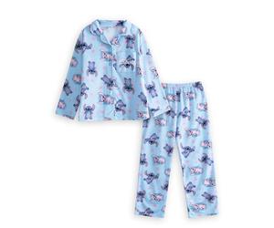 Disney Ensemble Pyjama Bleu Lilo & Stitch pour Filles, Manches Longues et Jambes Longues | Vêtements de Nuit à l'effigie de Lilo et Angel à col boutonné pour Dormir et se détendre