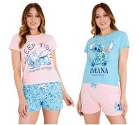 Disney Ensemble Pyjama Femme, T-Shirt et Short Femme, Lot de 2 - Cadeau Stitch (Rose/Bleu, M)