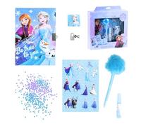 Disney Frozen Ensemble de Papeterie, Comprenant 1 Stylo à Pompon, Paillettes, Autocollants, Carnet, Cadenas et des Clés, Ensemble de Papeterie Cadeau pour Filles