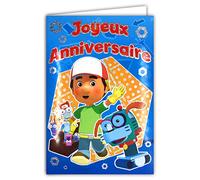 DISNEY HANDY MANNY ET SES OUTILS Carte Joyeux Anniversaire Argentée qui brille Enveloppe Jaune Petit Garçon Bricoleur Réparateur Enfant TV série film animation 3D Robot Chien écrous Visses 120772