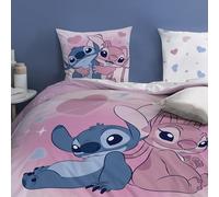 Disney Home Stitch Bisous Parure de lit 2 Personnes | 100% Coton | Oeko-TEX | Housse de Couette 240x220cm + 2 Taies d'oreiller 63x63cm | Imprimé Réversible | Fille (Rose)