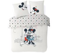DISNEY - Housse de couette Disney Mickey et Minnie Paris Love - 200x200 cm + 2 taies d'oreiller 63x63 cm - 100% Coton - Ecru