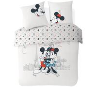 Disney - Housse de Couette Mickey et Minnie Paris Love - 200x200 cm + 2 taies d'oreiller 63x63 cm - 100% Coton - Ecru