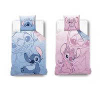 Disney - Housse de Couette réversible Disney Stitch - Recto Stitch - Verso Angel - 140x200 cm + 1 taie d'oreiller 63x63 cm - 100% Coton - Bleu et Rose