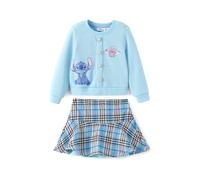 Disney La Reine des Neiges Elsa Stitch Princesse Moana Minnie 2 pièces Tenue enfant fille Haut en tricot avec boutons perlés et jupe en tweed 2 à 13 ans, Stitch - Bleu, 4-5 ans