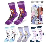 Disney La Reine des Neiges Lot de 4 paires de chaussettes en coton pour enfants - Cadeau idéal pour enfants - Emballées dans une tirelire ronde en plastique, multicolore, 7-11 ans