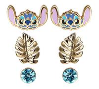 Disney Lilo and Stitch Jewelry for Girls Yellow Gold Plated Crystal Stud Earring Set, 3 Pairs, Officially Licensed