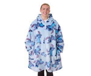 Disney Lilo & Stitch Couverture portable à capuche pour femme | Polaire zippée à capuche pour adultes (Bleu) | Vêtements de détente imprimés de personnages All Over Stitch | Doublure et poches Sherpa