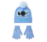 Disney Lilo & Stitch Ensemble Bonnet et Gants pour Filles | Bonnet d'hiver tricoté Bleu avec Visage de Personnage Stitch | Bonnet Pom Pom Taille Unique pour Enfants avec Gants imprimés par Transfert