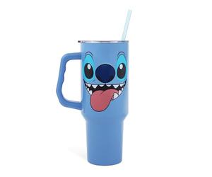 Disney Lilo & Stitch Face Gobelet de voyage en acier inoxydable avec poignée, couvercle étanche et paille réutilisable - Capacité : 1200 ml
