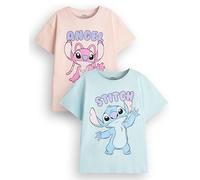 Disney Lilo & Stitch Filles T-Shirt Pack de 2 | Ensemble de Deux t-Shirts Graphiques à Manches Courtes Bleu Clair et Rose pour Enfants | Stitch & Angel Alien Ensemble de vêtements Mignons