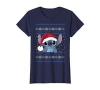 Disney Lilo & Stitch Santa Hat Stitch Ugly Sweater Style T-Shirt, Femme, Bleu Marine, S
