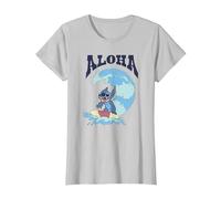 Disney Lilo & Stitch Surfer Aloha Big Wave Portrait T-Shirt, Femme, Argent, L