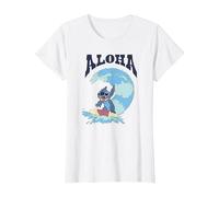Disney Lilo & Stitch Surfer Aloha Big Wave Portrait T-Shirt, Femme, Blanc, M