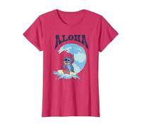 Disney Lilo & Stitch Surfer Aloha Big Wave Portrait T-Shirt, Femme, Rouge Chiné, M
