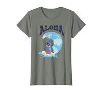 Disney Lilo & Stitch Surfer Aloha Big Wave Portrait T-Shirt, Femme, Vert kaki chiné, M