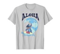 Disney Lilo & Stitch Surfer Aloha Big Wave Portrait T-Shirt, Homme, Argent, L