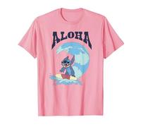 Disney Lilo & Stitch Surfer Aloha Big Wave Portrait T-Shirt, Homme, Rose, M