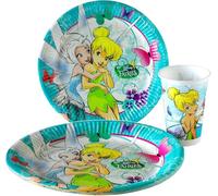 Disney Lot de 16 assiettes en carton (8 x 23 cm + 8 x 20 cm moyen) + 8 gobelets pour fête d'anniversaire sur le thème des fées (Fatine) Fée Clochette Pervinca Periwinkle