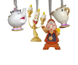 Disney - Lot de 4 décorations à suspendre en résine « La Belle et la Bête » - Cogsworth, Chip, Lumiere & Mr's Potts - Décorations d'arbre de Noël pailletées - Cadeau et articles ménagers sous licence