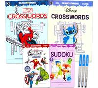 Disney Lot de 4 livres de puzzles et d'activités Marvel pour adolescents et adultes - Ensemble avec 4 mots croisés Disney et Marvel et livres Sudoku plus stylo | Livres de puzzle assortis pour adultes