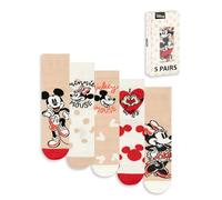 Disney Lot de 5 paires de chaussettes mi-mollet Mickey et Minnie | Motif à pois beige, rouge et blanc | À porter au quotidien | Chaussettes avec personnages I Love Hugs | Produits dérivés