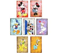 Disney Lot de 7 tableaux Mickey Minnie Mouse Doland Daisy Duck Goofy Pluto Style Vintage Série Bandes dessinées de collection Impression sur bois 25 x 18 cm.