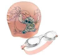 Disney Lunettes de Piscine Enfant - Ensemble Lunettes de Natation Anti Buée et Bonnet de Bain Enfant (Rose clair Stitch, 6-14 Ans)