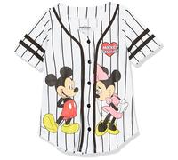 Disney Maillot de Baseball Mickey et Minnie Mouse pour Filles - Chemise Classique en Maille boutonnée, Blanc/Noir, 7-8