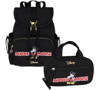 DISNEY Mickey Mouse Ensemble de voyage noir : sac à dos pour adolescent + trousse de toilette avec poignée, DISNEY Mickey Souris, 28x15x23cm, Classique