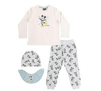 Disney Mickey Mouse Find your way Ensemble haut unisexe pour bébé avec pantalon, bonnet et foulard, 4 pièces, beige/gris, beige/gris, 62-68