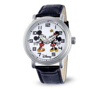 Disney Mickey Mouse Montre à quartz analogique vintage pour adulte, Argenté, blanc, crocodile noir, Sangle