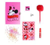 Disney Minnie Mouse Ensemble de Papeterie, Comprenant 1 Stylo à Pompon, Paillettes, Autocollants, Carnet, Cadenas et des Clés, Ensemble de Papeterie Cadeau pour Filles
