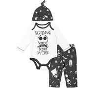 Disney Nightmare Before Christmas Sally Jack Skellington Ensemble 3 pièces pour bébé Body pantalon et chapeau, Blanc/gris, 0-3 mois