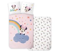 Disney Parure de Lit Bébé Minnie Mouse - 100x135 cm + 40x60 cm - 100% Coton - Housse de Couette et Taie d’Oreiller - Motif Arc-en-Ciel & Nuage