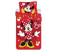 Disney Parure de lit pour enfant Minnie Mouse robe rouge nœud rouge étoiles cœurs Parure de lit 140 x 200 cm + taie d'oreiller 70 x 90 cm 100 % coton