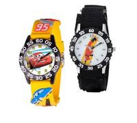 Disney Pixar Lot de 2 montres pour enfants de 4 à 7 ans - Avec Dash des Indestructibles et Lightning McQueen de Cars - Lunettes noires avec bracelets jaunes et noirs - Obtenez 2 montres mystères bonus