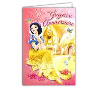 DISNEY PRINCESS Carte Joyeux Anniversaire Robe avec PAILLETTES Enveloppe Jaune Blanche-Neige et les 7 Nains Musiciens Lapin Pommes Rouges Maison Chaumière Oiseaux Illustration Fille Enfant 130926