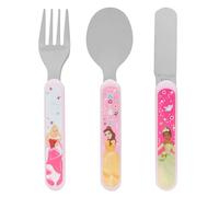 Disney Princess Ménagère 3 pièces en métal réutilisable avec couteau, fourchette et cuillère pour enfant, fabriqué en acier inoxydable de qualité alimentaire et plastique ABS avec Belle, Tiana et