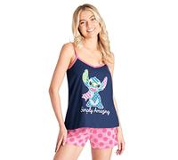 Disney Pyjama Femme, Ensemble de Pyjama Court Caraco et Short, Pyjashort Coton, Pyjama Stitch, Bourriquet, Minnie, Marie Aristochat, Cruella S-XL (Navy/Rose Stitch, L)