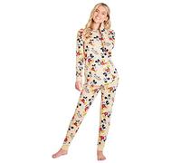 Disney Pyjama Femme Hiver, Pyjama Stitch, Ensemble de Pyjama Long, Vêtements de Nuit Femme Fille Ado Tailles S-XL (Beige Mickey, L)