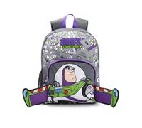 Disney Sac à dos gris Buzz l'Éclair pour garçon (Toy Story) | Sac d'école zippé avec poche avant à l'effigie du personnage en 3D | Plusieurs compartiments et panneau en filet | Produit