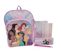Disney Sac à dos princesse pour filles - Ensemble sac d'école avec trousse à crayons, carnet, autocollants et crayons | Ariel, Belle, Moana, Jasmine et Raiponce Ensemble cadeau de papeterie