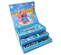 Disney Set de dessin Stitch Mallette avec poignée à trois étagères, kit de 52 pièces assorties, accessoires crayons de couleur, crayons à cire aquarelles