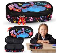 DISNEY Stitch ALOHA Trousse d'écolier noire à COMPARTIMENTS, sachet pour filles 5x20x9cm