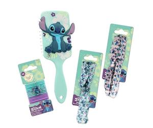 DISNEY Stitch - Brosse à cheveux silicone 3D + Bandeau cheveux satin rose ou bleu + Elastique fin avec un charm, Lot de 15 pièces