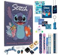 Disney Stitch Calendrier de l'Avent 2025 Compte à Rebours Noel 24 Surprises Papeterie Original et Accessoires Kawaii Collier Porte-clés Stylo (Bleu Stitch Papeterie)
