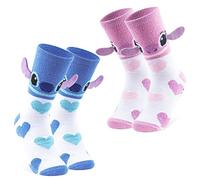 Disney Chaussettes Femme, Lot 2 Paires Chaussettes Antidérapantes Stitch et Angel (Rose/Bleu Coeurs)